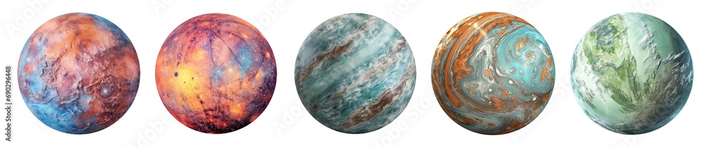 Wall mural set of fantasy planets isolated on transparent background.