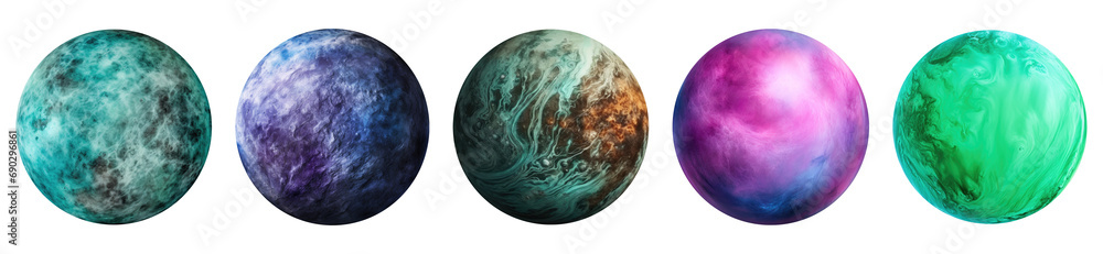 Wall mural set of fantasy planets isolated on transparent background.