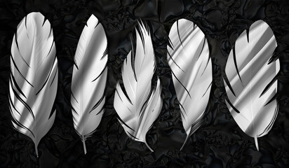 Set of silver effect feathers with a dark background