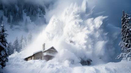 A snowstorm covered a house in the forest
