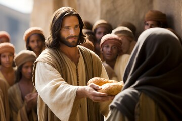 Jesus Christ passing out bread to the poor.  - obrazy, fototapety, plakaty