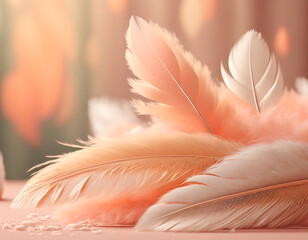 Color of the year 2024: Peach fuzz, delicate soft peach shade. For use in fashion, graphic and multimedia design. Hue that echoes innate desire for closeness and connection. Feathers and copy space.
