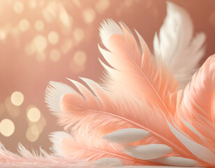 Color of the year 2024: Peach fuzz, delicate soft peach shade. For use in fashion, graphic and multimedia design. Hue that echoes innate desire for closeness and connection. Feathers and copy space. - obrazy, fototapety, plakaty