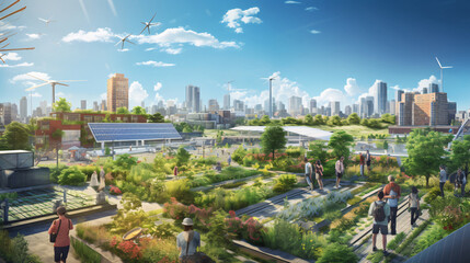 Sustainable Living in an Urban Environment with Rooftop Gardens and Solar Panels - obrazy, fototapety, plakaty