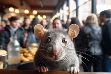 Fighting poisoning dangerous rodent in dirty public canteen places concept. Rat mouse looking into camera standing on bar counter in care restaurant with people on background - obrazy, fototapety, plakaty