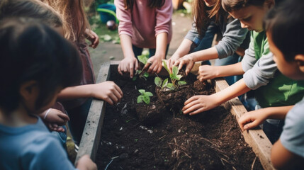 Children hands-on in a school garden, engaging with composting and plant growth