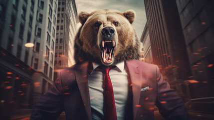 Bear in business attire roars on Wall Street, metaphor for a market downturn