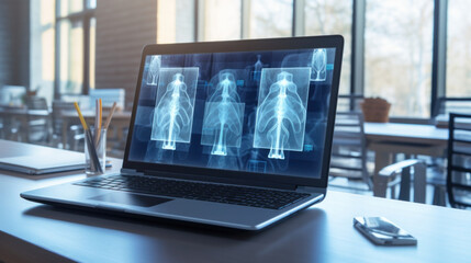 Laptop displays X-rays on a clinic meeting table, highlighting medical analysis work. - obrazy, fototapety, plakaty