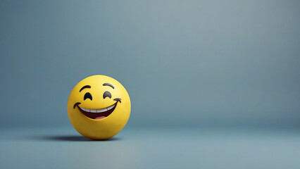Smiling yellow emoticon on blue background. 3d illustration. - obrazy, fototapety, plakaty