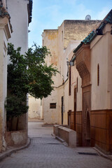 Fototapeta na wymiar Old buildings in city street in Fez, Morocco