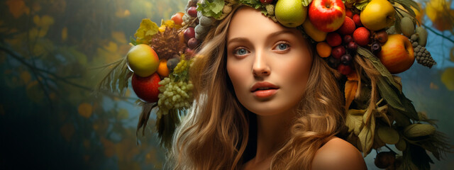 Wreath on a woman's head with vegetables and fruits. Selective focus. - obrazy, fototapety, plakaty