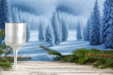 Background of empty space for your decoration. Christmas tree and snow with frost. Mockup backdrop...