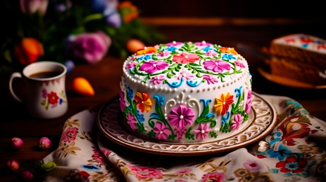 Easter cake and paints on the table. Selective focus.
