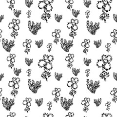 Seamless nature pattern with black and white hand drawn flowers of different sizes. Vector illustration.