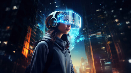 Enthralled young woman explores virtual reality, a visor projecting a digital cosmos