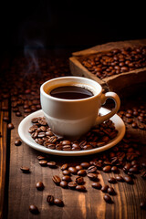 Cup of coffee and coffee beans. Selective focus.