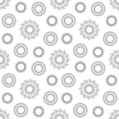 Seamless pattern with circle shaped snowflakes-like flowers. Hand drawn vector illustration.