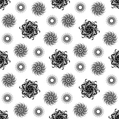 Seamless pattern with circle shaped snowflakes-like flowers. Hand drawn vector illustration.