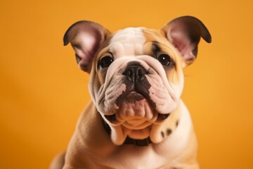Fototapeta premium Close-up portrait for Website of small cute french bulldog pet with a curious puppy face at on bright yellow background. Website banner concept. Advertising postcards, notebooks. 
