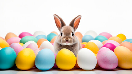 Fototapeta na wymiar Easter bunny and many Easter eggs. Selective focus.