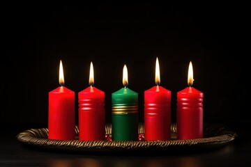 Five candles on wicker tray on black background, red and green with warm glow. Festive and cozy decoration, holiday and celebration atmosphere..