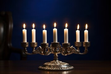 Silver antique and ornate candelabra with seven candles on wooden table on dark blue background. The candles are lit and have cozy glow - obrazy, fototapety, plakaty
