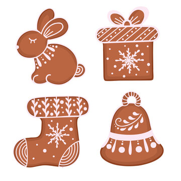 set of curly gingerbread cookies, rabbit, gift box, bell and sock. Vector Illustration for backgrounds and packaging. Image can be used for greeting cards and posters. Isolated on white background.