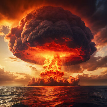 A large, fiery red mushroom cloud hovers above dark waters lit by a setting yellow sun, creating an ominous and foreboding atmosphere of uncertainty. 
