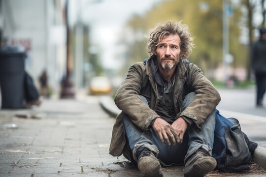 Homeless Man Sitting On The Street