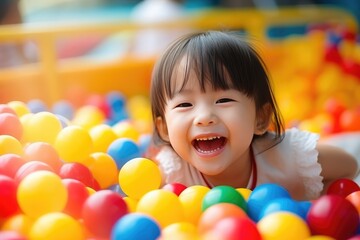 Fototapeta na wymiar Little Girl Plays In Pool Of Colorful Plastic Balls