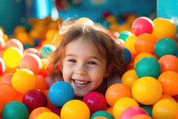 Fototapeta na wymiar Little Girl Plays In Pool Of Colorful Plastic Balls