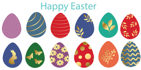 Set of colorful flat style easter eggs with gold décor. Luxury decorated collection of easter eggs isolated on white background. Stylish gold lines and floral decorative vector elements. Vector 