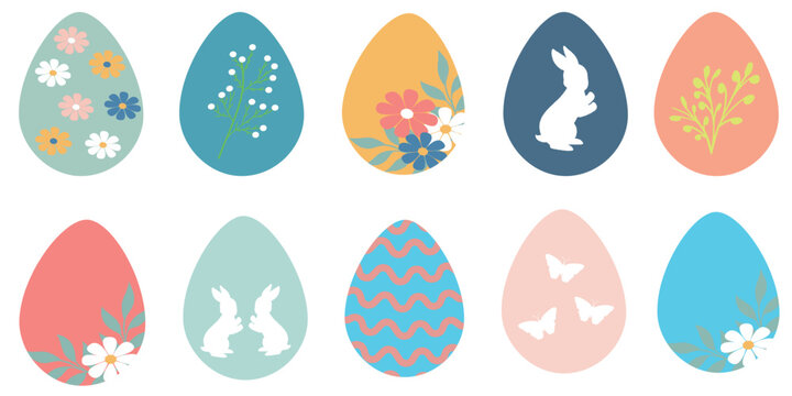 Set of easter eggs in flat style. Colorful decorated easter egg collection isolated on white background. Cute polka dots, rabbit and Floral decorative vector elements. Vector illustration