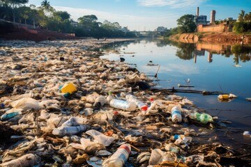 Pollution In An Indian River From Garbage And Waste - obrazy, fototapety, plakaty