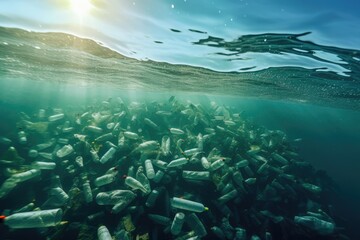 Fototapeta na wymiar Pollution Trash Plastic Bottles Drifting In Ocean