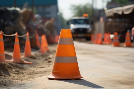 Orange Traffic Cone In Construction Improvement Zone. Сoncept Nature Landscape Photography, City Street Art, Food Still Life, Fashion Editorial, Candid Street Photography