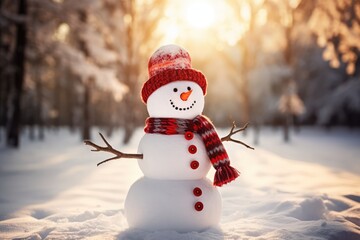 Smiling Snowman In Festive Winter Landscape