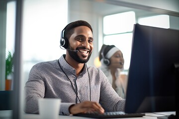 Smiling call center agent wearing headset talking to client working in customer support office. Professional contract service telemarketing operator using laptop having conversation