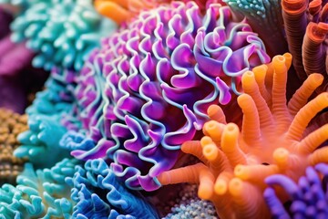 Fototapeta na wymiar Macro background featuring sea life textures such as coral, shells or algae. Flower sea living coral and reef color under deep dark water of ocean environment underwater