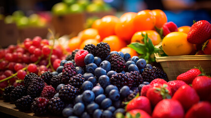 Berries and fruits at the market. Selective focus.