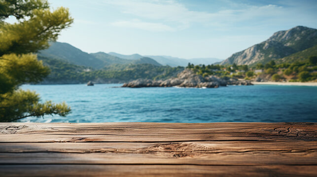 wooden table top, set against a blurred backdrop of natural scenery, the sea, and mountains Highlight the calm sunny day and the potential for product © 1st footage