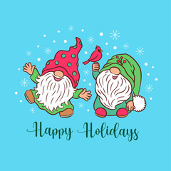 Cute Christmas card design with funny gnomes. Xmas vector illustration. Sweet scandinavian gnome playful character, red cardinal bird and snow. Festive greeting card, invitation, holiday funny print.