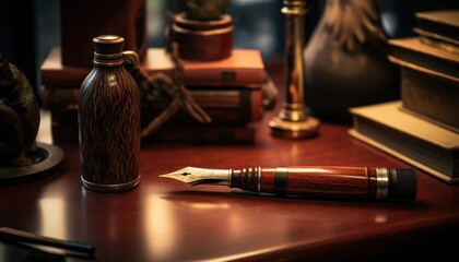 A Pen Resting on a Wooden Desk