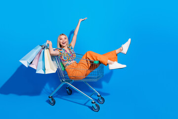 Photo of stylish girl fast riding in trolley hold shopping bags palm presenting offer empty space...