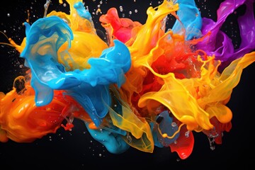 Liquid explosion of colorful paint on dark background, rainbow burst of colors in motion, creating dynamic and fluid effect, ink splash