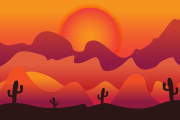  vector beautiful sunset in orange tones with cactus tree