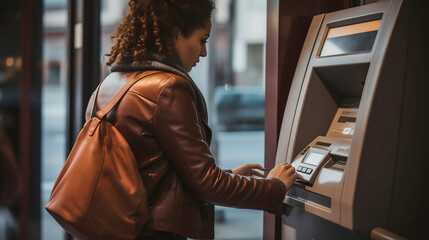 Une femme en train de retirer de l'argent à un distributeur de billets. - obrazy, fototapety, plakaty