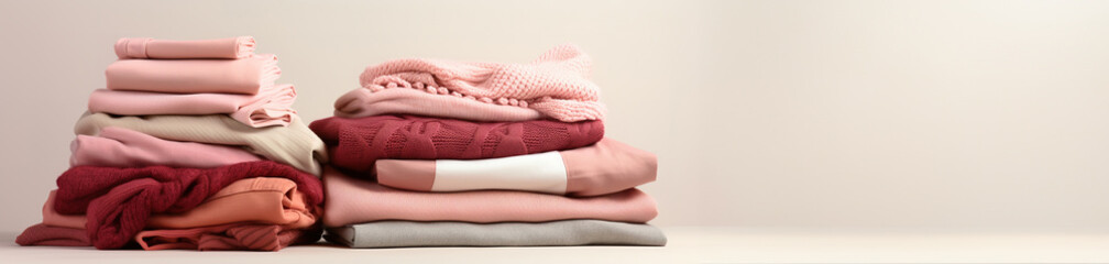 large stacks of peach-colored clothes on a delicate background in designer clothing store, Weekly capsule concept, overproduction, trendy peach fuzz, color of the year 2024, High quality photo - obrazy, fototapety, plakaty