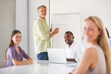 Whiteboard presentation meeting, man portrait and business people listening to speaker, mentor or manager agenda plan. Collaboration, happy presenter and team planning company schedule, list or tasks