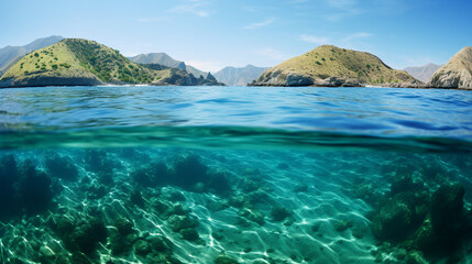 Fototapeta na wymiar Tranquil Seascape in Catalina: Azure and Emerald Waters with Gentle Waves - Idyllic Vacation Destination on the Coastline of Nature's Paradise.